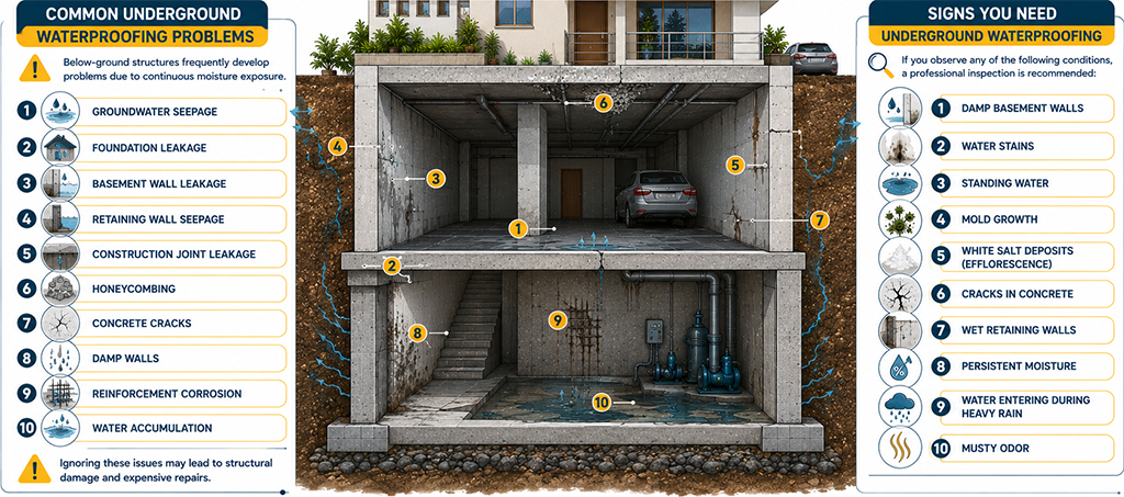 Common Underground Waterproofing Problems and Signs You Need Underground Waterproofing
